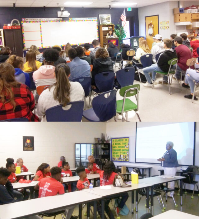 Top: Volunteer facilitator Bijal Mehta leads a sex trafficking presentation at Beech Senior High School in Hendersonville. Bottom: Stephanie Harris provides information on bullying to adults and youth attending a Sunday school convention in Fayetteville.